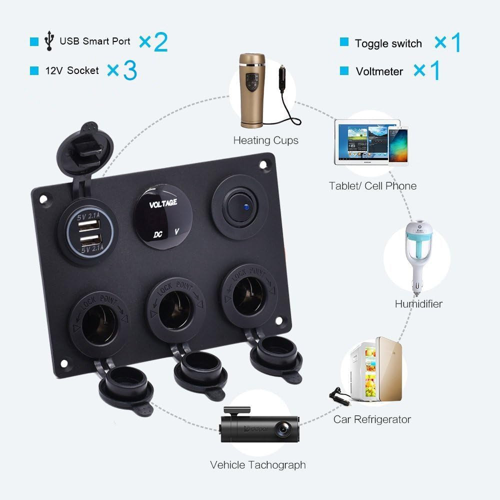 Dual USB Socket Charger 2.1A&2.1A + LED Voltmeter + 3-Socket 12V Cigarette Lighter Power Outlet Adapter + On-Off Toggle Switch Multi-Functions Panel for Car Marine Boat Rv Truck Mobiles (Blue)