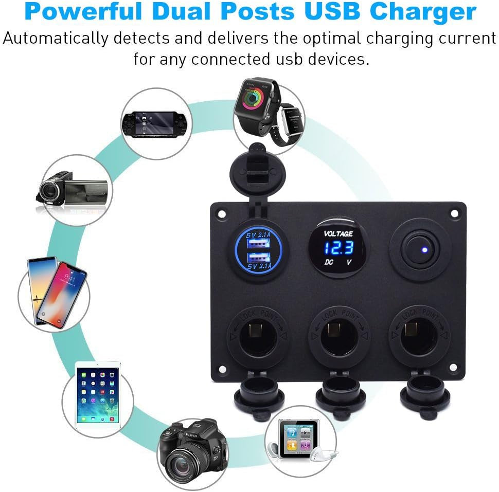 Dual USB Socket Charger 2.1A&2.1A + LED Voltmeter + 3-Socket 12V Cigarette Lighter Power Outlet Adapter + On-Off Toggle Switch Multi-Functions Panel for Car Marine Boat Rv Truck Mobiles (Blue)