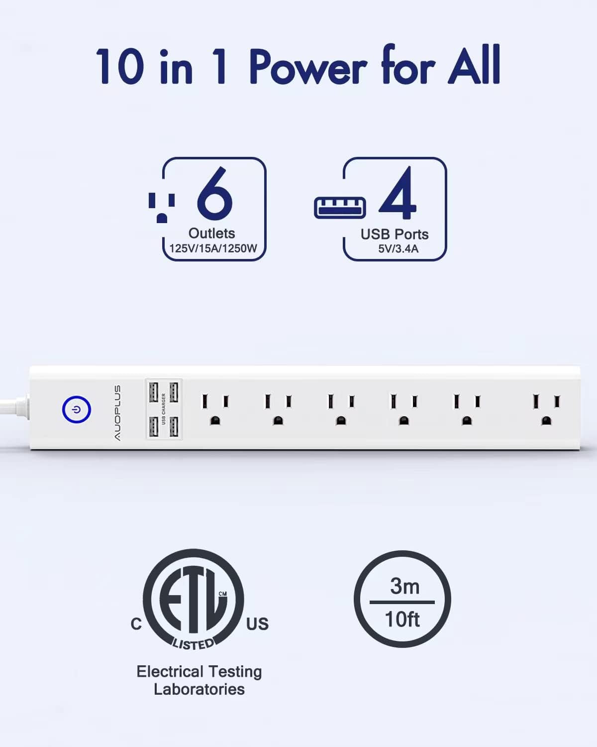 Power Strip 10Ft - Surge Protector with USB, 6 Outlet and 4 USB Charger, 10Ft Long Extension Cord Flat Plug(1250W/10A/2100J), Wall Mountable Overload Protection for Computer Home Office Dorm