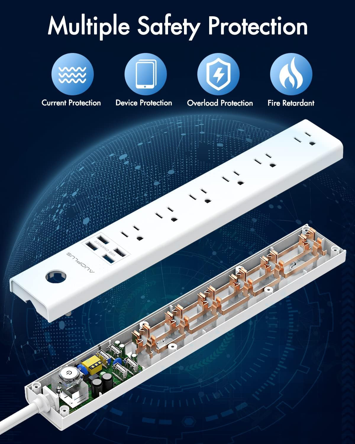 Power Strip 10Ft - Surge Protector with USB, 6 Outlet and 4 USB Charger, 10Ft Long Extension Cord Flat Plug(1250W/10A/2100J), Wall Mountable Overload Protection for Computer Home Office Dorm