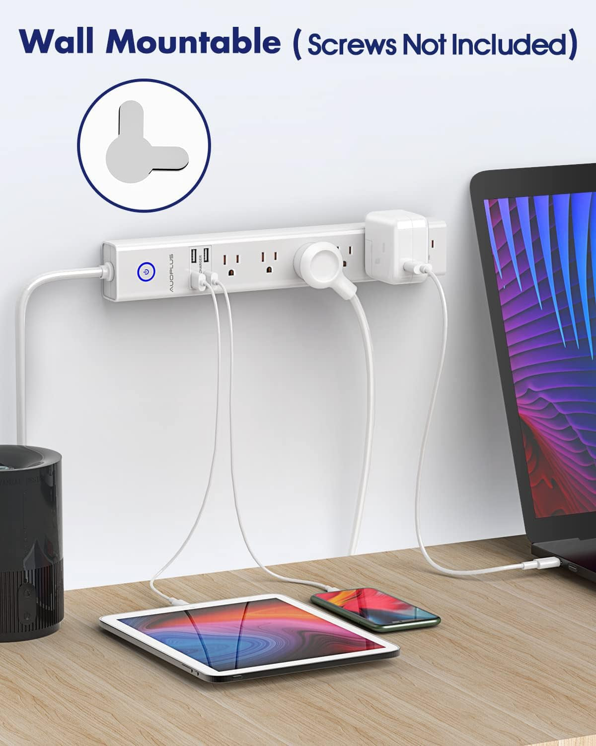 Power Strip 10Ft - Surge Protector with USB, 6 Outlet and 4 USB Charger, 10Ft Long Extension Cord Flat Plug(1250W/10A/2100J), Wall Mountable Overload Protection for Computer Home Office Dorm