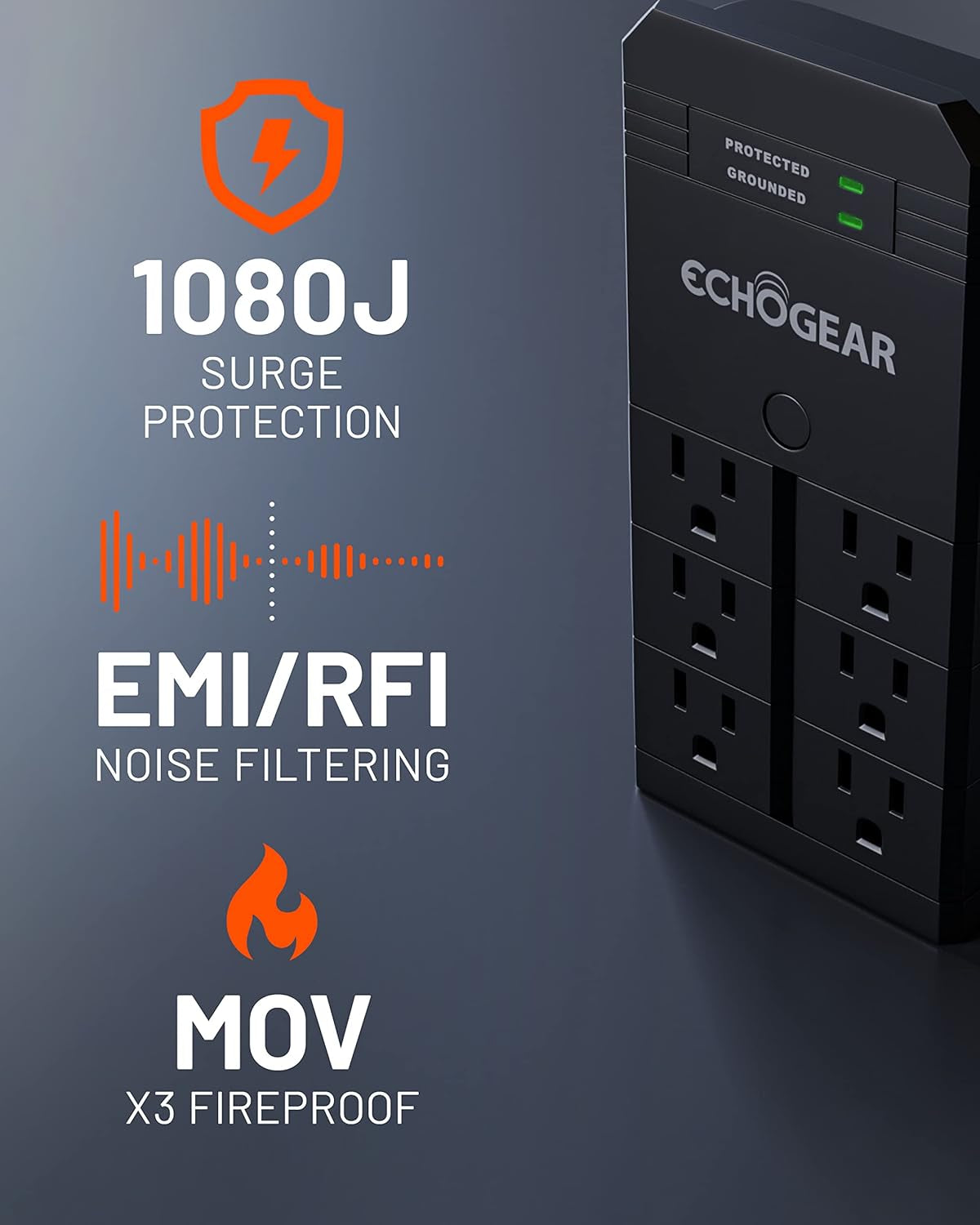 On-Wall Surge Protector with 6 Pivoting AC Outlets & 1080 Joules of Surge Protection - Low Profile Design Installs over Existing Outlets to Protect Your Gear (Black)