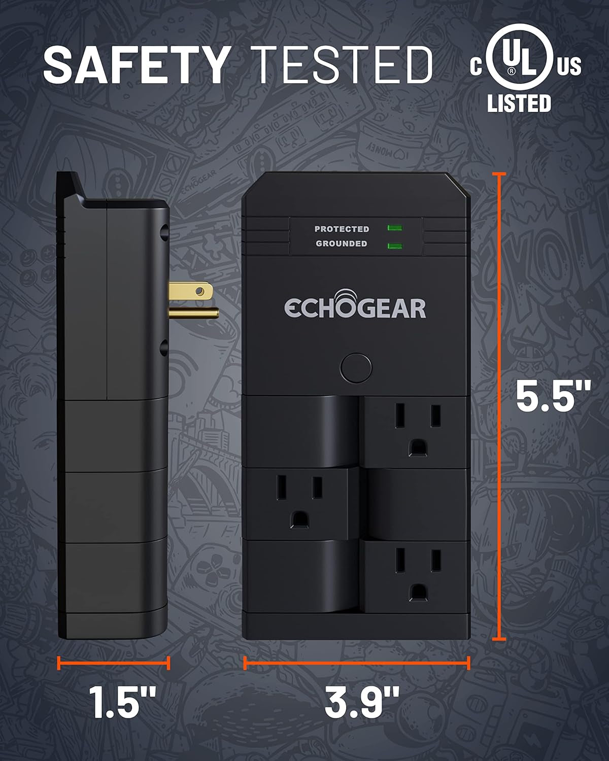 On-Wall Surge Protector with 6 Pivoting AC Outlets & 1080 Joules of Surge Protection - Low Profile Design Installs over Existing Outlets to Protect Your Gear (Black)