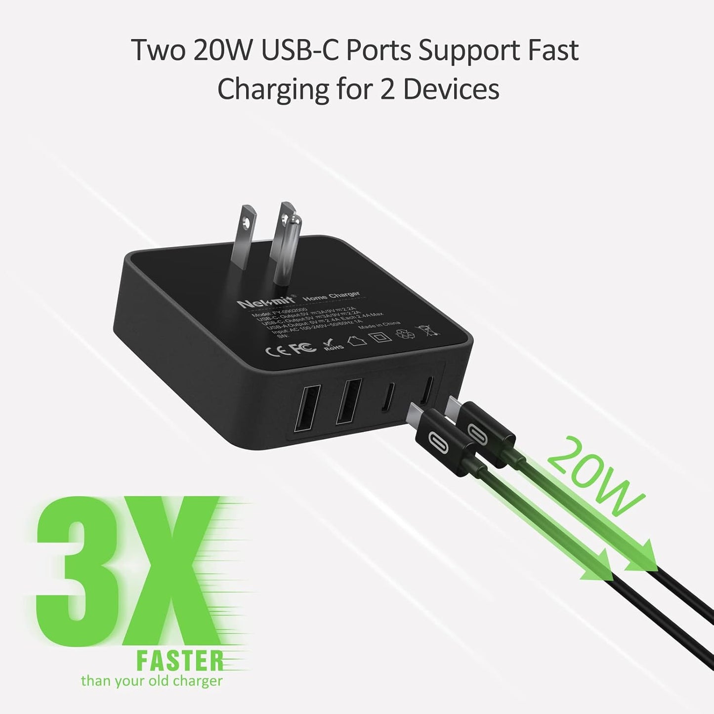 USB C Charger, Fast Thin Flat 52W 4-Port Wall Charger with Two 20W Power Delivery and 2 USB Port for Iphone 14/14 Pro/14 Pro Max, Galaxy, Pixel, Ipad Pro, Airpods Pro and More, Upgraded