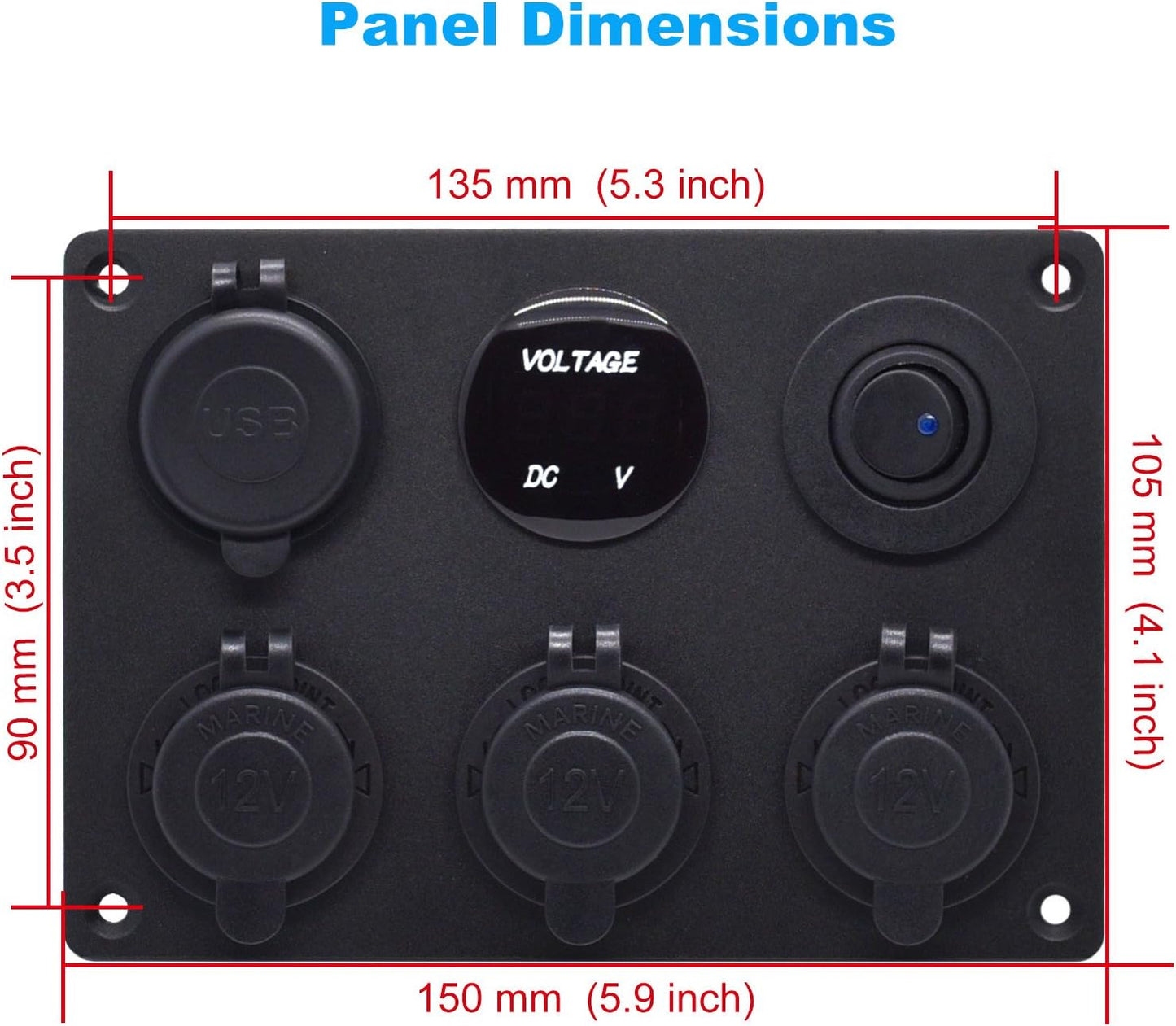 Dual USB Socket Charger 2.1A&2.1A + LED Voltmeter + 3-Socket 12V Cigarette Lighter Power Outlet Adapter + On-Off Toggle Switch Multi-Functions Panel for Car Marine Boat Rv Truck Mobiles (Blue)