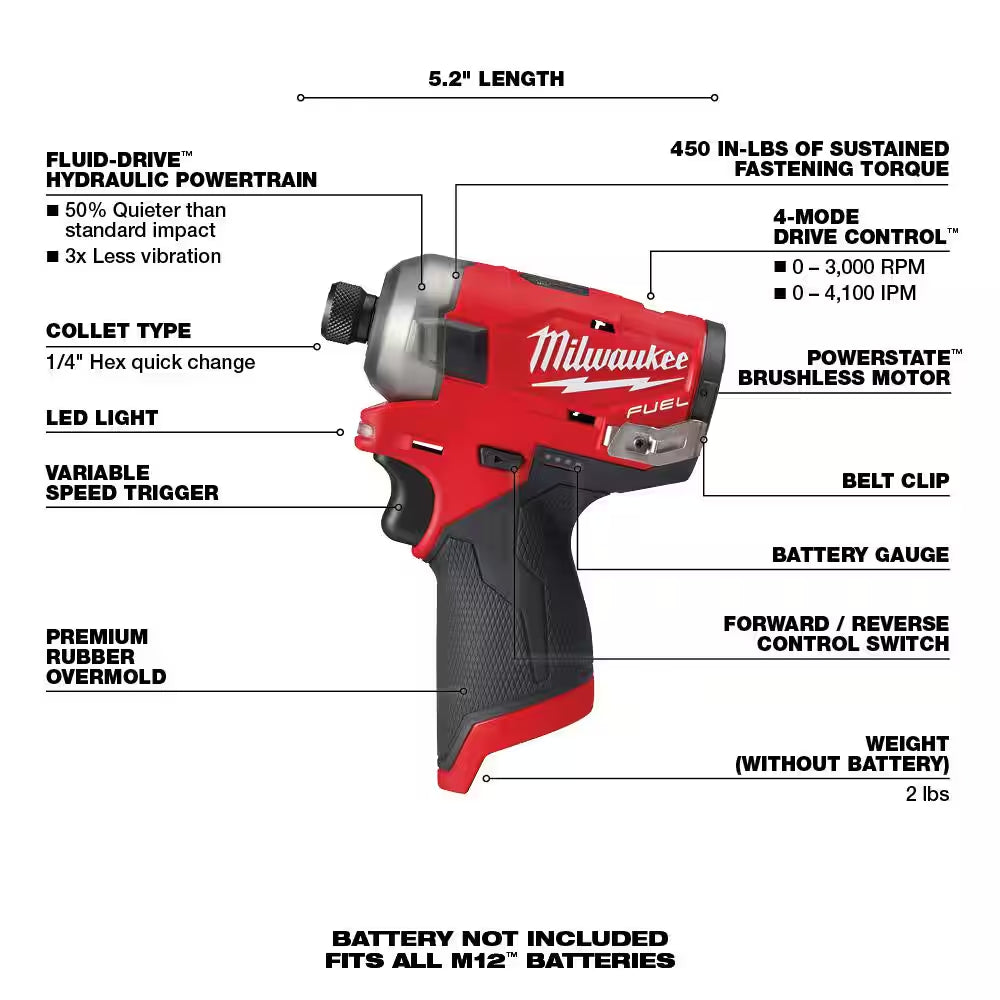 M12 FUEL SURGE 12V Lithium-Ion Brushless Cordless 1/4 In. Hex Impact Driver W/High Output 2.5 Ah Battery