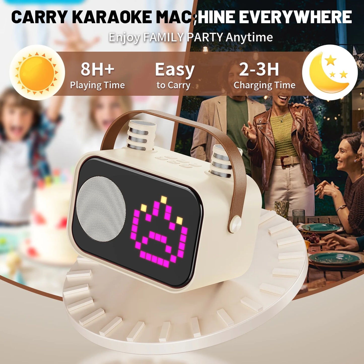 Karaoke Machine, Bluetooth Speaker with Microphone, Kids Karaoke Machine, 15 Animation Modes, Best Christmas Gift, Beige