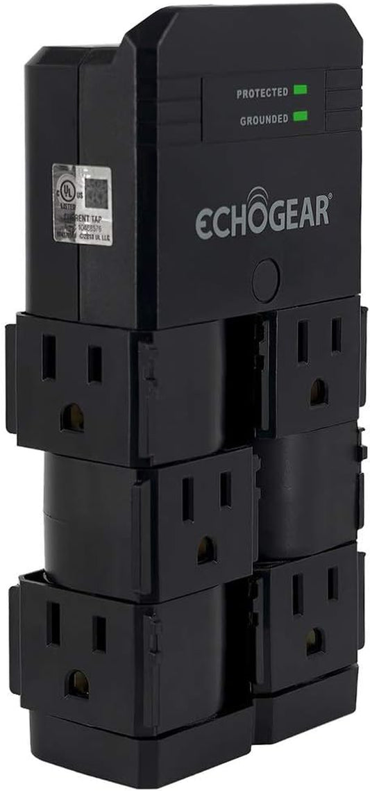 On-Wall Surge Protector with 6 Pivoting AC Outlets & 1080 Joules of Surge Protection - Low Profile Design Installs over Existing Outlets to Protect Your Gear (Black)