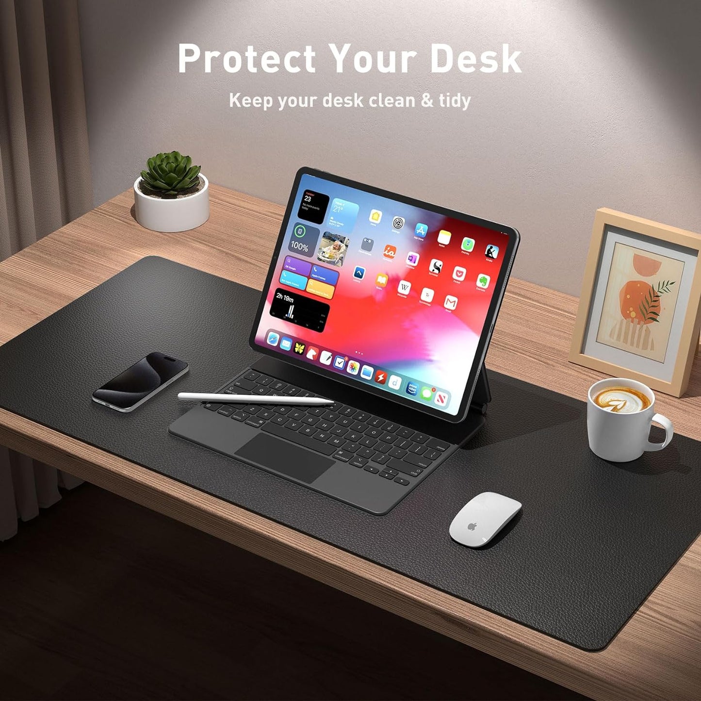 Leather Office Desk Pad Protector, Non-Slip PU Leather Desk Blotter, Waterproof Laptop Writing Mouse Pad for Office and Home, Black, 31.5" X 15.7"