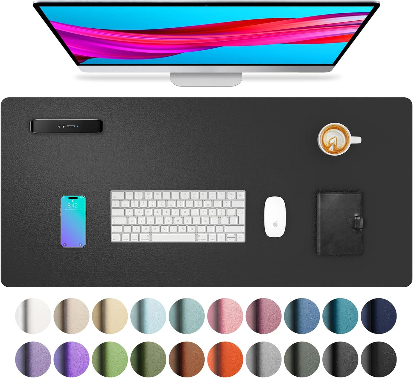 Leather Office Desk Pad Protector, Non-Slip PU Leather Desk Blotter, Waterproof Laptop Writing Mouse Pad for Office and Home, Black, 31.5" X 15.7"