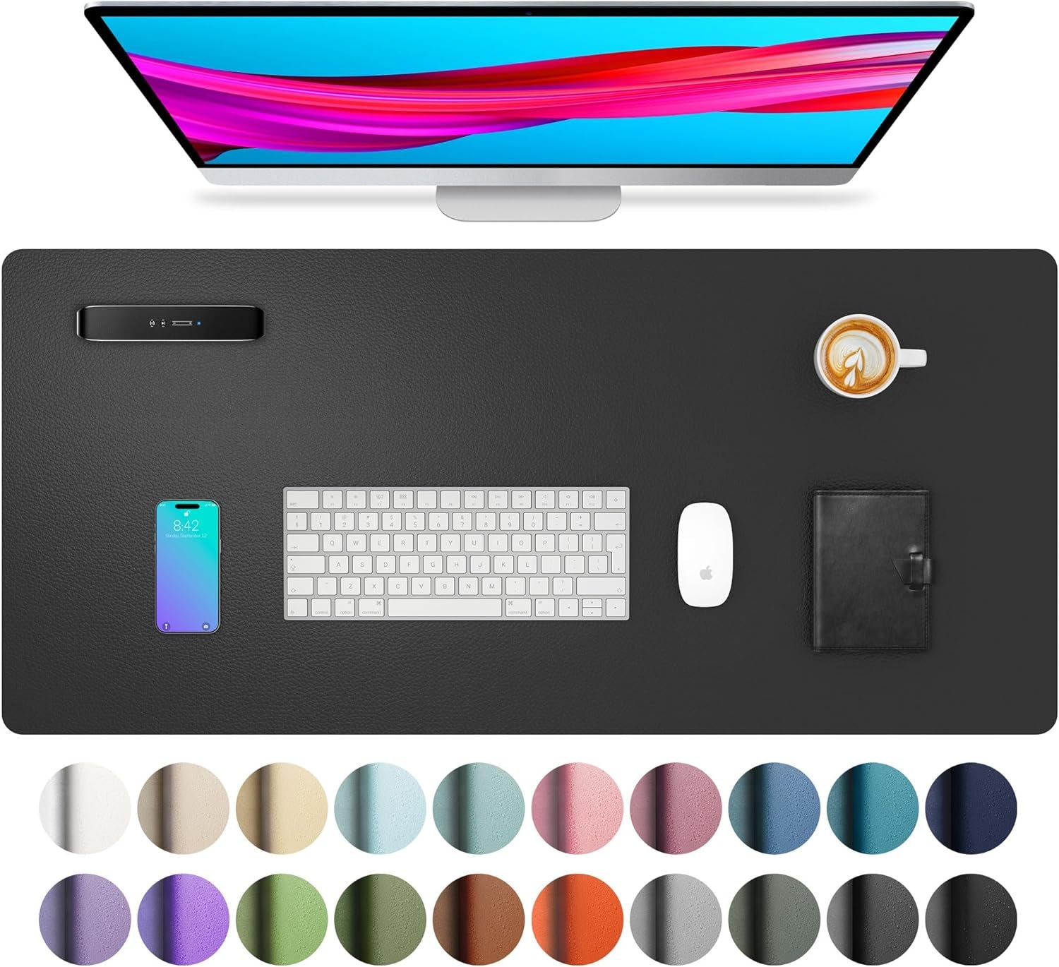 Leather Office Desk Pad Protector, Non-Slip PU Leather Desk Blotter, Waterproof Laptop Writing Mouse Pad for Office and Home, Black, 31.5" X 15.7"