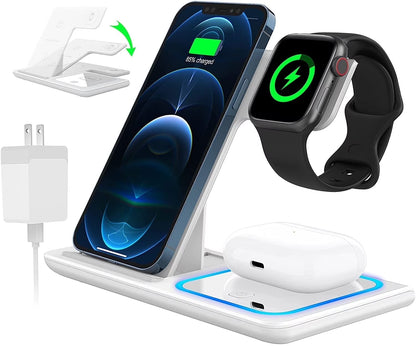 Wireless Charging Station, 18W 3 in 1 Charger Station, Fast Charging Dock Stand for Iwatch Series 11/10/9/8/7/6/SE/5/4/3, Compatible for Iphone 17/16 15 14 13 12 11 Pro Max/Samsung/ Airpod