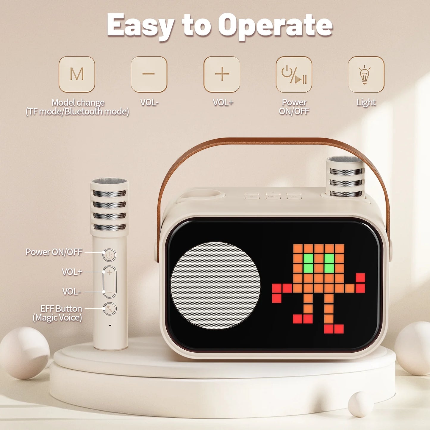 Karaoke Machine, Bluetooth Speaker with Microphone, Kids Karaoke Machine, 15 Animation Modes, Best Christmas Gift, Beige