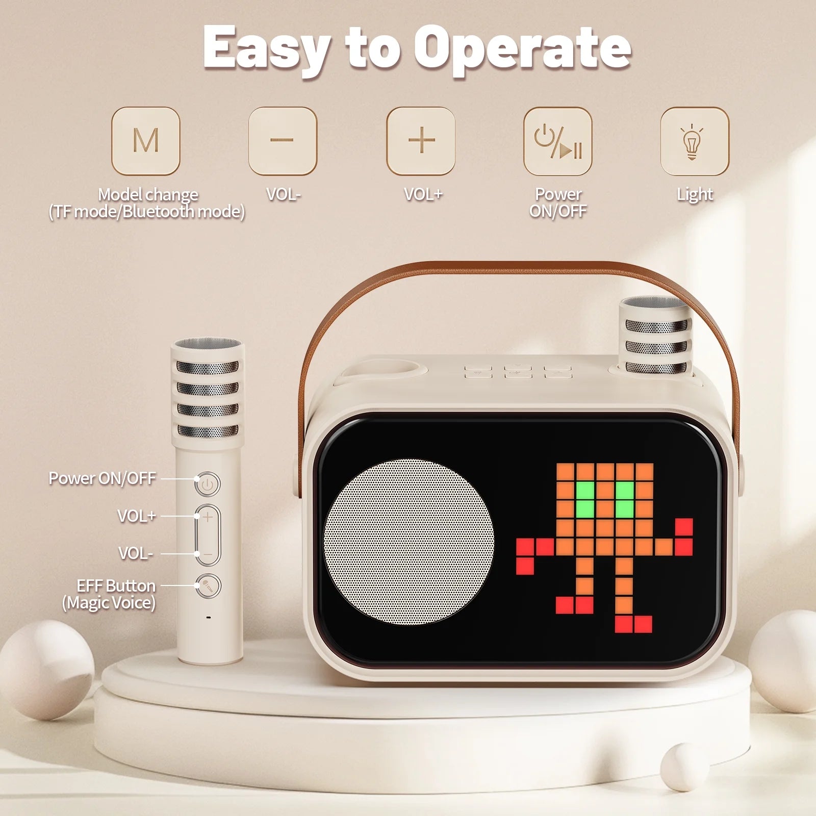 Karaoke Machine, Bluetooth Speaker with Microphone, Kids Karaoke Machine, 15 Animation Modes, Best Christmas Gift, Beige