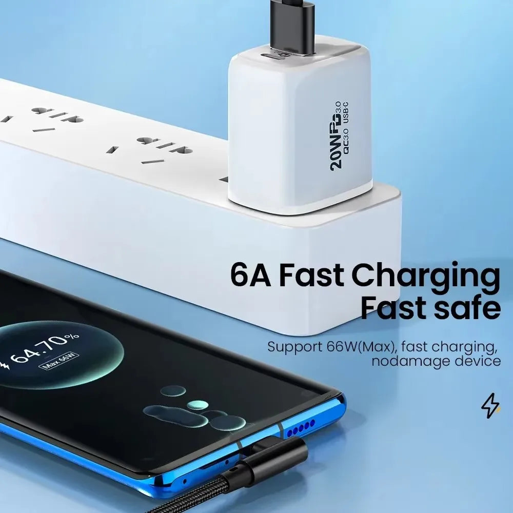 6A 66W USB C Fast Charging Cable 90° Right Angle for Iphone Xiaomi 14 Redmi Huawei OPPO Samsung Gaming Phones Nylon Braided Cord