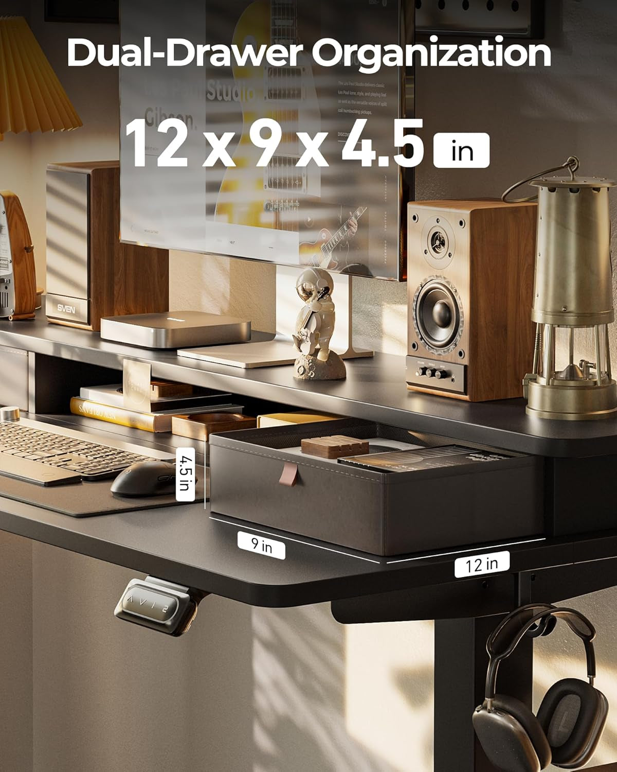 55 X 24 Inch Height Adjustable Electric Standing Desk with Double Drawer, Stand up Home Office Computer Desk with 4 Height-Adjustable Feets & 2 Hooks, Black