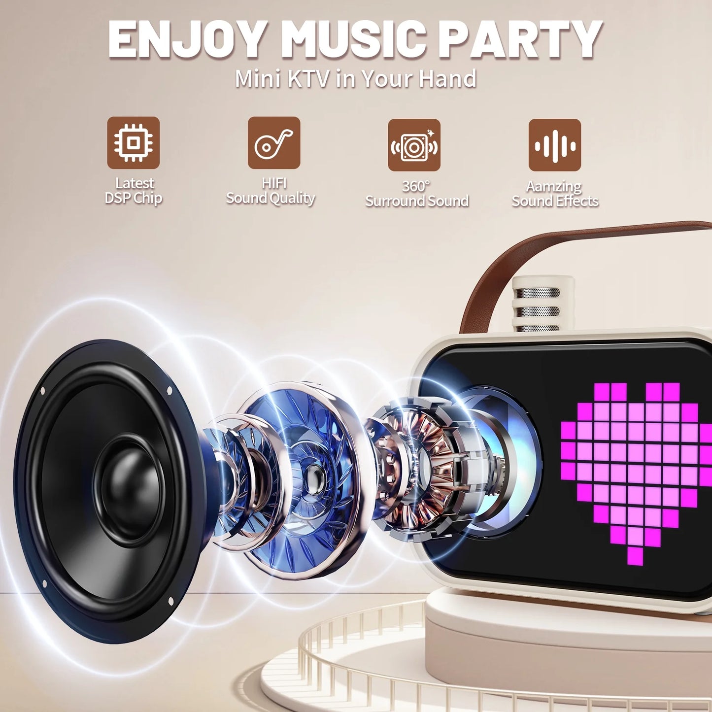 Karaoke Machine, Bluetooth Speaker with Microphone, Kids Karaoke Machine, 15 Animation Modes, Best Christmas Gift, Beige