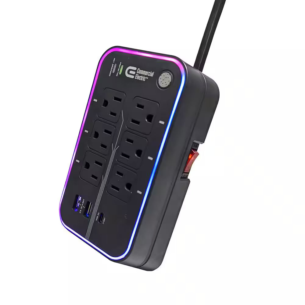 6 Ft. 6-Outlet RGB Gaming Surge Protector with 2 USB-A and 1 USB-C, Black
