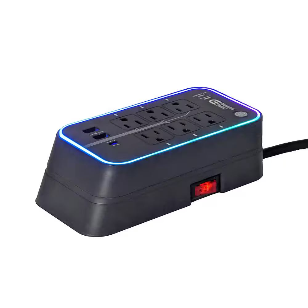 6 Ft. 6-Outlet RGB Gaming Surge Protector with 2 USB-A and 1 USB-C, Black