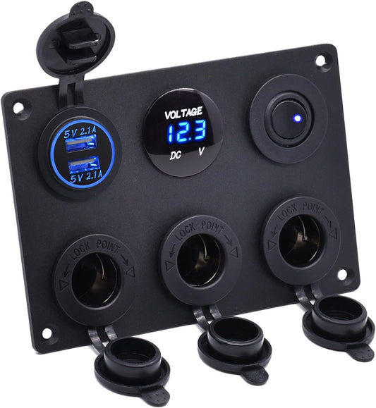 Dual USB Socket Charger 2.1A&2.1A + LED Voltmeter + 3-Socket 12V Cigarette Lighter Power Outlet Adapter + On-Off Toggle Switch Multi-Functions Panel for Car Marine Boat Rv Truck Mobiles (Blue)