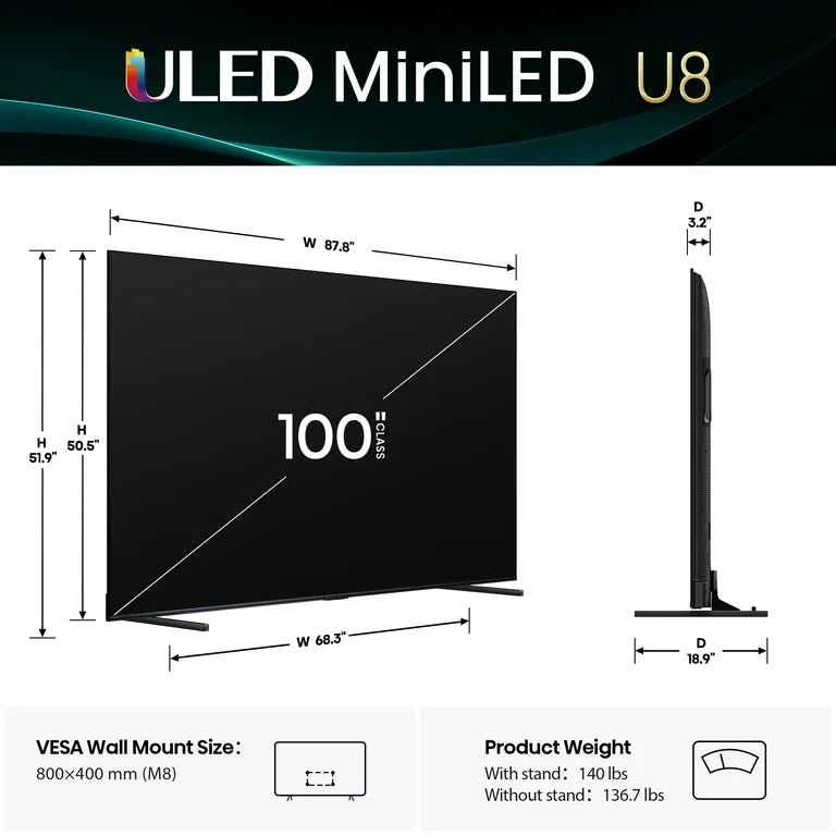 100" Class U8 Series Mini-Led ULED 4K UHD Google Smart TV (100U8QG, 2025 Model) - QLED, Native 165Hz, Game Mode Ultra 288 Vrr,Dolby Vision IQ, Dobly Atmos, up to 5000 Nits, IMAX Enhanced