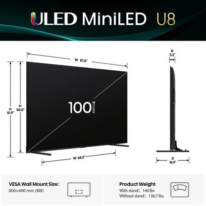 100" Class U8 Series Mini-Led ULED 4K UHD Google Smart TV (100U8QG, 2025 Model) - QLED, Native 165Hz, Game Mode Ultra 288 Vrr,Dolby Vision IQ, Dobly Atmos, up to 5000 Nits, IMAX Enhanced