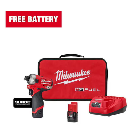 M12 FUEL SURGE 12V Lithium-Ion Brushless Cordless 1/4 In. Hex Impact Driver Compact Kit W/Two 2.0Ah Batteries, Bag