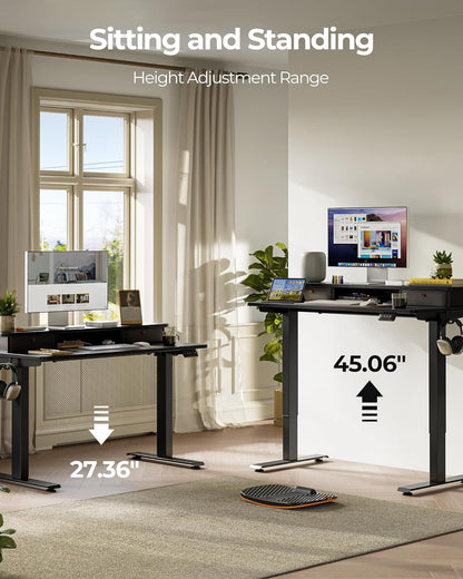 55 X 24 Inch Height Adjustable Electric Standing Desk with Double Drawer, Stand up Home Office Computer Desk with 4 Height-Adjustable Feets & 2 Hooks, Black
