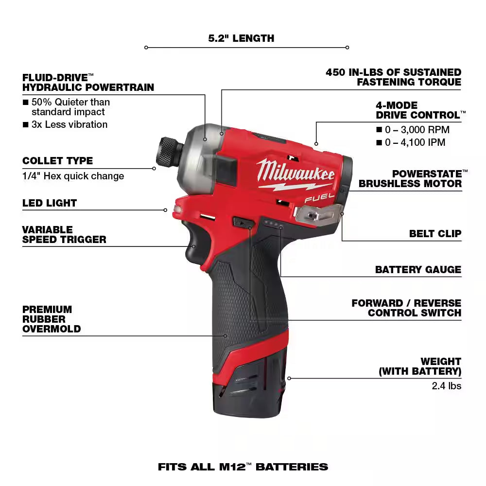 M12 FUEL SURGE 12V Lithium-Ion Brushless Cordless 1/4 In. Hex Impact Driver Compact Kit with M12 Multi-Tool
