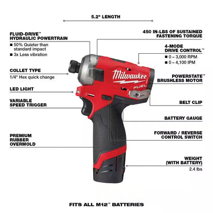 M12 FUEL SURGE 12V Lithium-Ion Brushless Cordless 1/4 In. Hex Impact Driver Compact Kit with M12 Multi-Tool