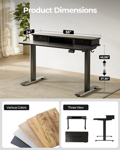 55 X 24 Inch Height Adjustable Electric Standing Desk with Double Drawer, Stand up Home Office Computer Desk with 4 Height-Adjustable Feets & 2 Hooks, Black