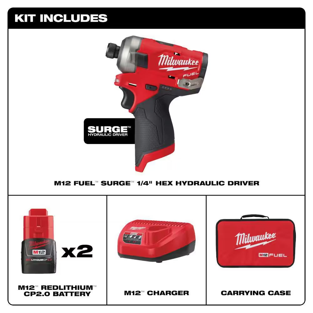 M12 FUEL SURGE 12V Lithium-Ion Brushless Cordless 1/4 In. Hex Impact Driver Compact Kit W/Two 2.0Ah Batteries, Bag