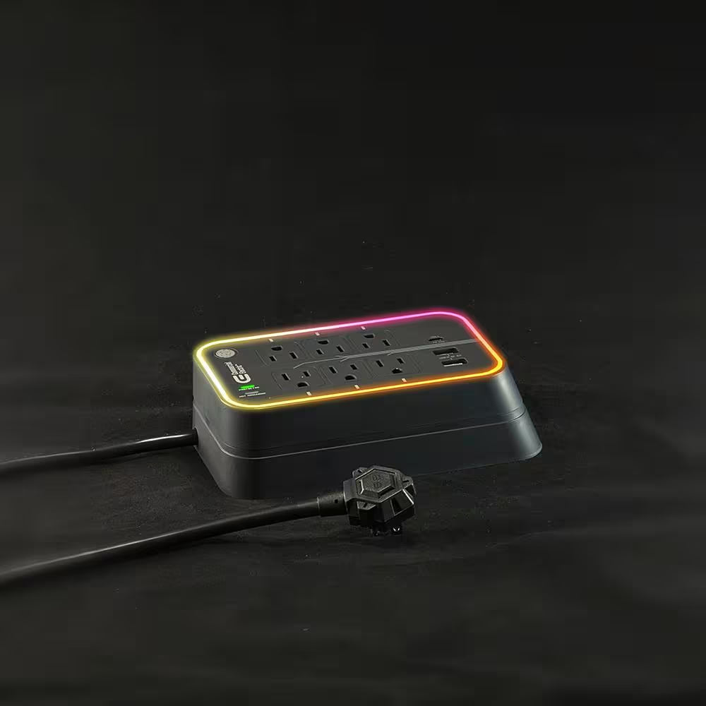 6 Ft. 6-Outlet RGB Gaming Surge Protector with 2 USB-A and 1 USB-C, Black
